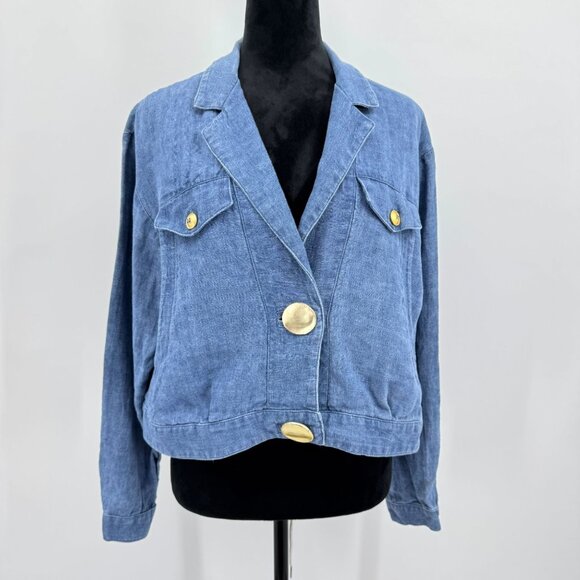 Dorothy Schoelen Linen Jacket Blazer Gold Buttons Womens M Vintage 80s Cropped - Picture 1 of 7